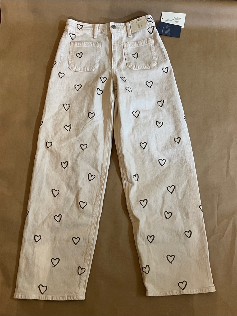 Universal Thread Cream Straight-Leg Jeans with Brown Embroidered hearts
